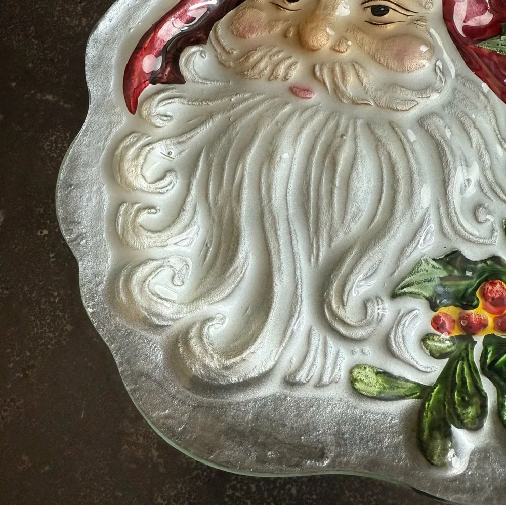 Fused Glass Santa Serving or Decorative Plate w/Red and Green Accents
